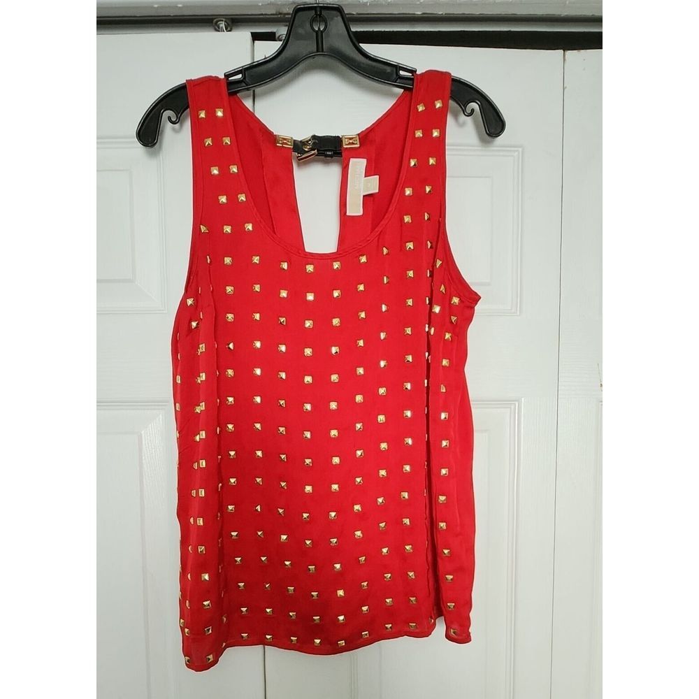 Michael Kors Womens Red Sleeveless‎ Top With Gold Studs & Black Buckle Detail
